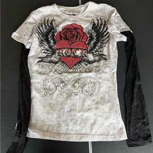 Rock & Roll Cowgirl Red and Black Winged Heart Long Sleeve Tee
